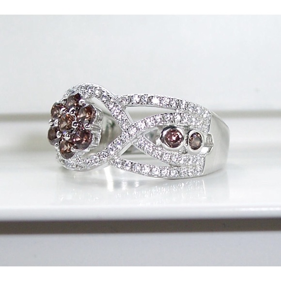 925 STERLING SILVER Chocolate Cubic Zirconia Cluster Ring - Picture 4 of 14